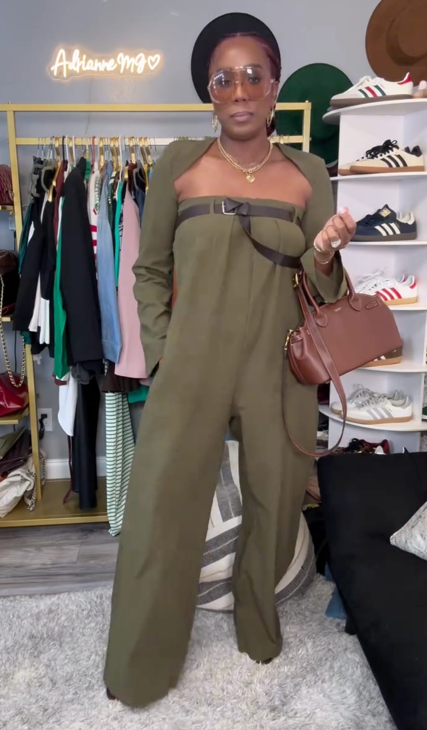 Customer photo review of Buttoned Long Sleeves Collarless Outerwear Top + Wide Leg Belted Jumpsuits Two Pieces Set