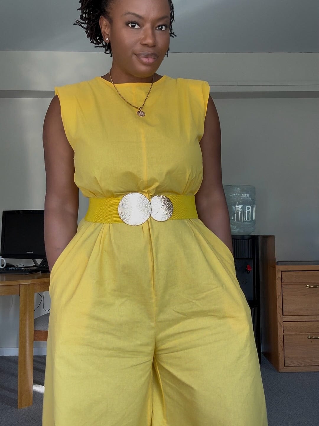 Customer photo review of Sleeveless Wide Leg Shoulder Pad Solid Color Jumpsuits
