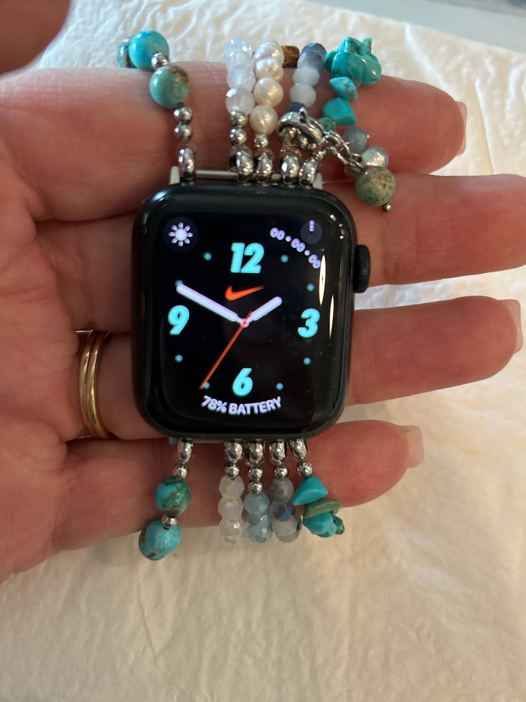Customer photo review of Turquoise Tide Stretch Apple Watch Strap
