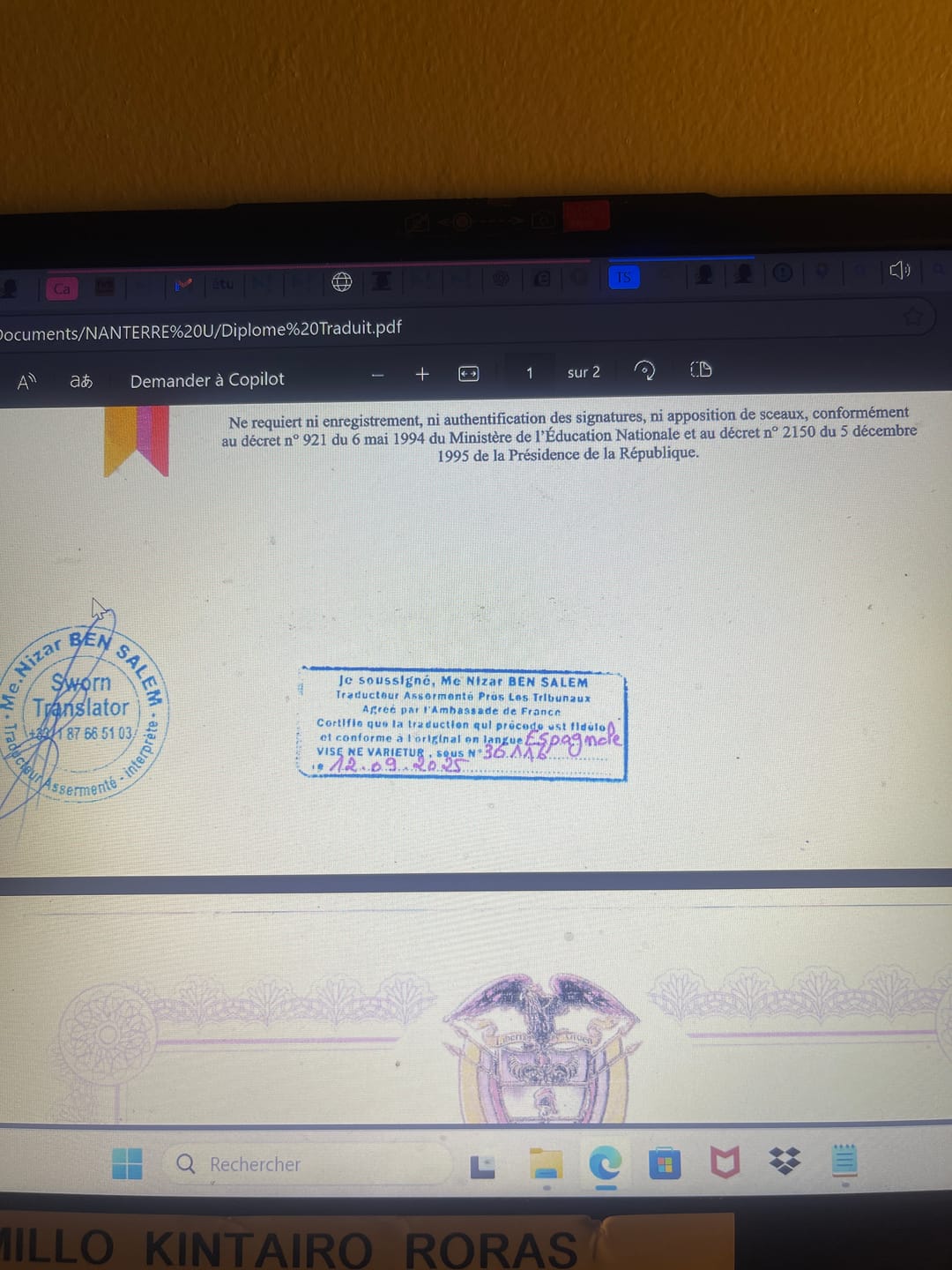 Customer photo review of TRADUCTION DIPLÔME