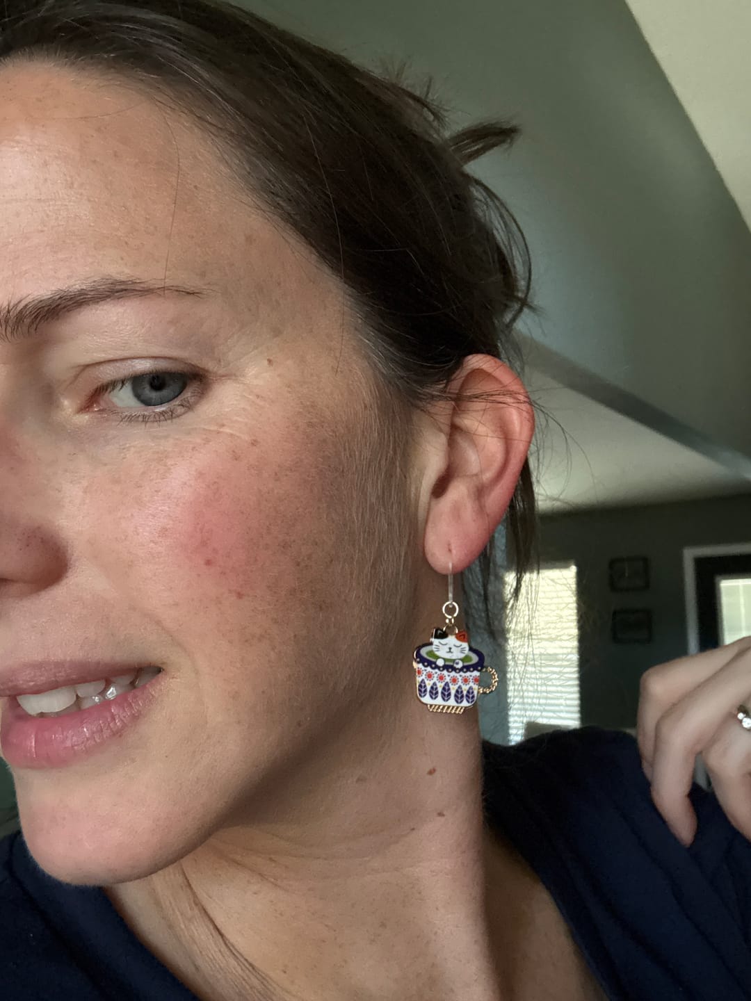 Customer photo review of Teacup Cat Dangles Hypoallergenic Earrings for Sensitive Ears Made with Plastic Posts