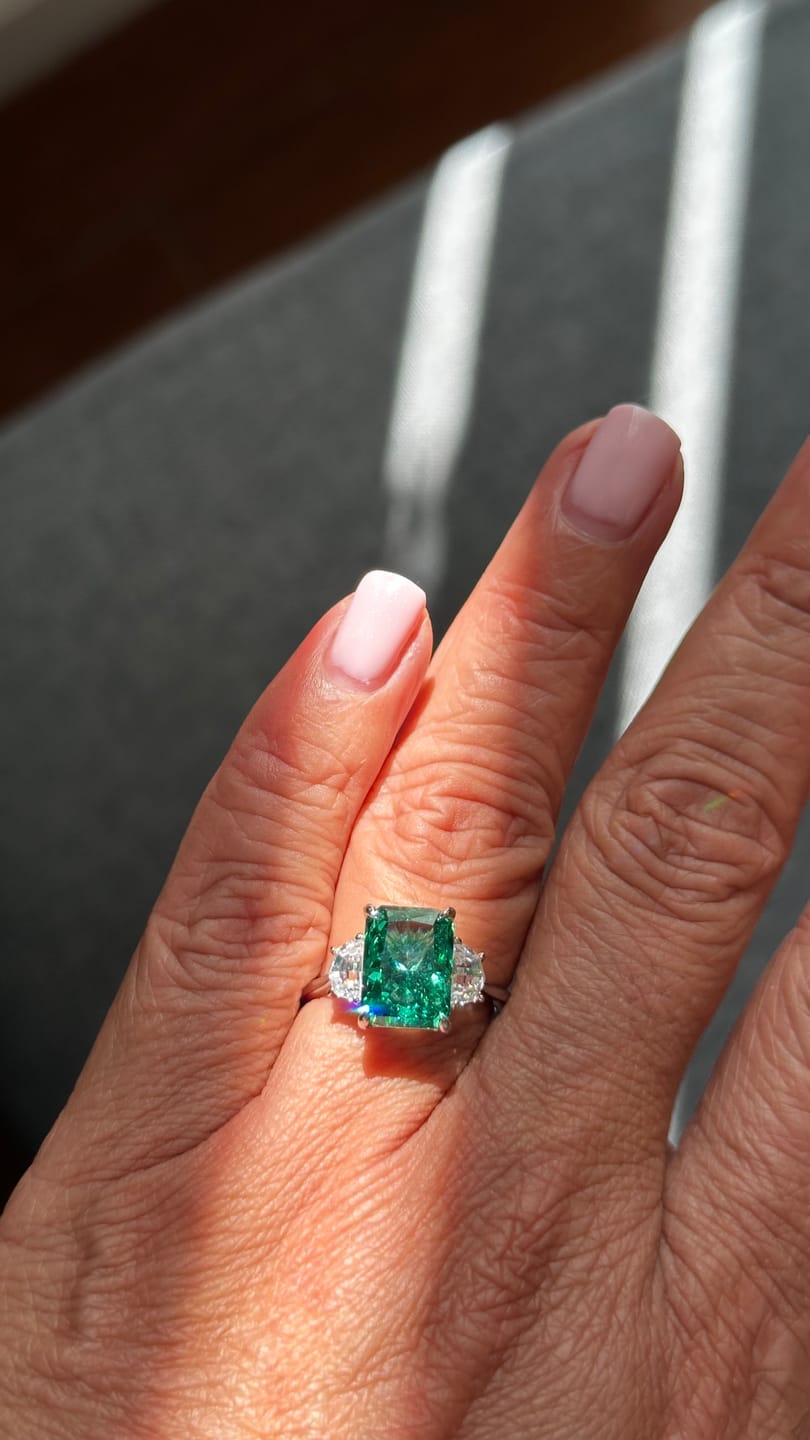 Customer photo review of S925 Paraiba Tourmaline 5 Ct Radiant Cut Three Stone Engagement Ring