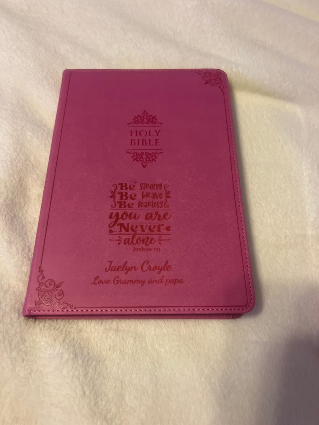 Customer photo review of Personalized NIV Bible Large Print - Pink Thinline - Engraved Verse