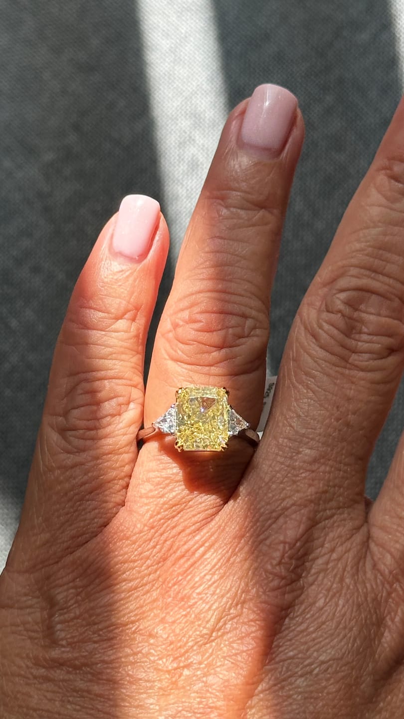 Customer photo review of S925 4.0Ct Radiant & Triangle Cut Yellow Stone Three Stone Engagement Ring In Sterling Silver