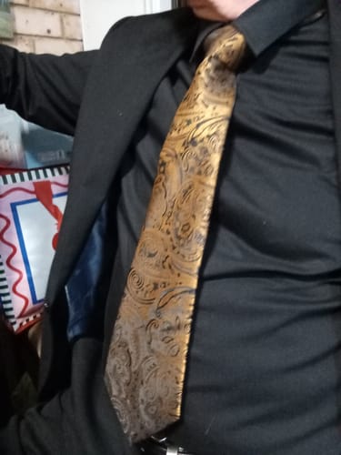 Customer photo review of Barry. Wang Black Formal Tie Gold Paisley Silk Necktie Pocket Square