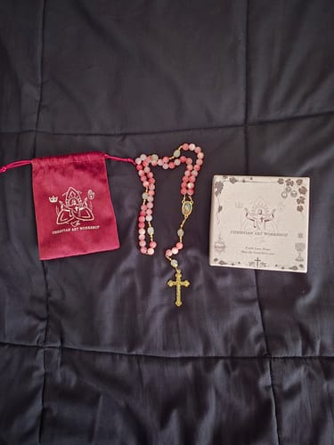 Customer photo review of FREE Today: Handmade Pink Persian Jade Rosary with Brass Crucifix and Our Lady Charm