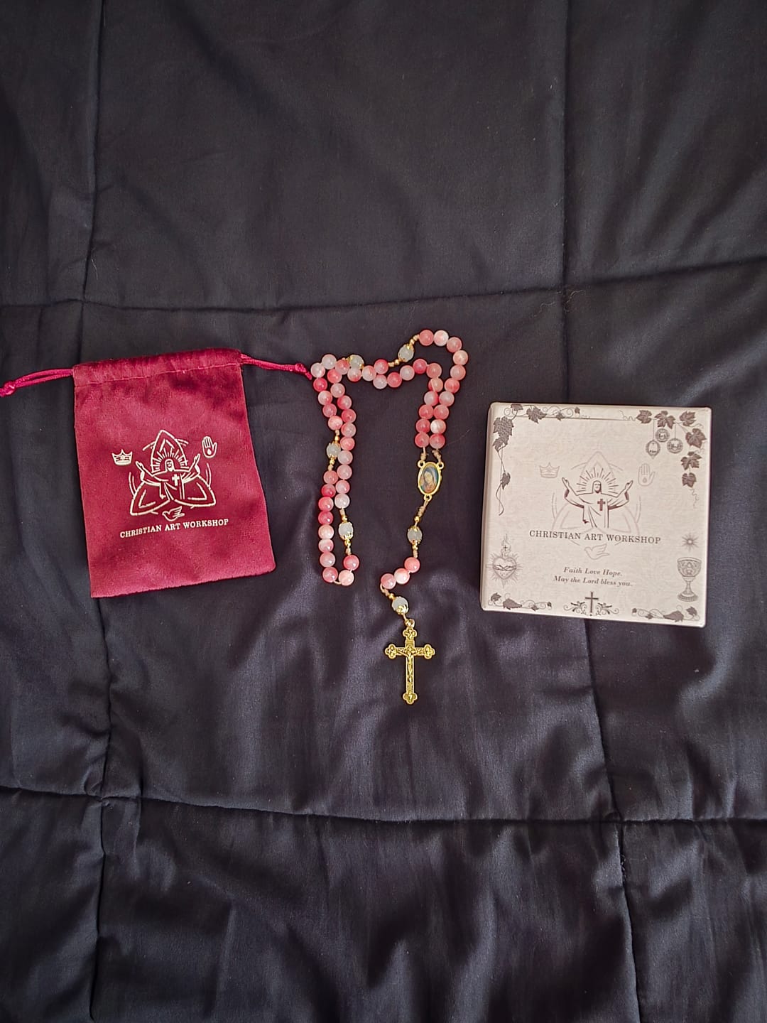 Customer photo review of FREE Today: Handmade Pink Persian Jade Rosary with Brass Crucifix and Our Lady Charm