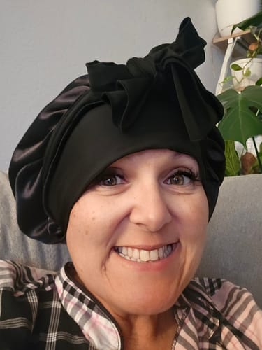 Customer photo review of Organic Silk Hair Bonnet