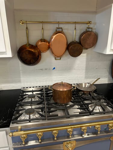 Customer photo review of Unlacquered Brass Wall Mount Pot Rack