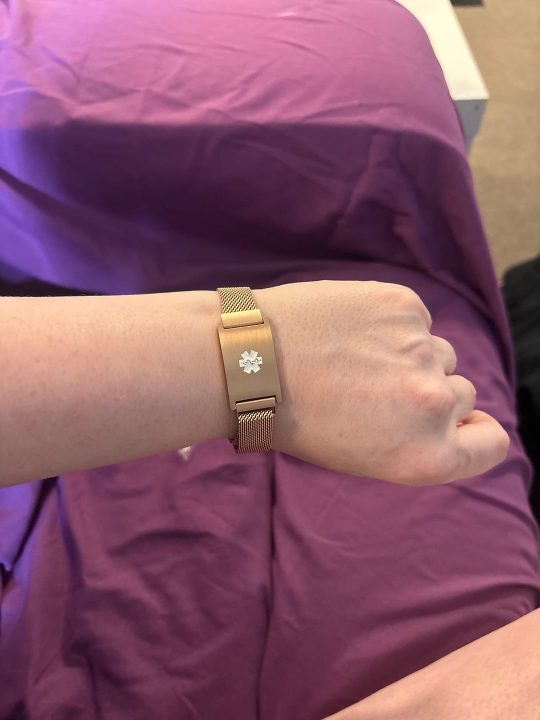 Customer photo review of Roxie Medical Alert Bracelet with Magnetic Closure – Rose Gold