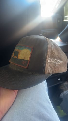 Customer photo review of Lazy J Ranch Grey White Bull Trap Patch Classic Five Panel Trucker Hat