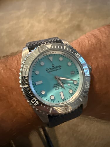 Customer photo review of Oceaneva Mens Deep Marine Explorer II Sky Blue Dial Damascus Steel Watch