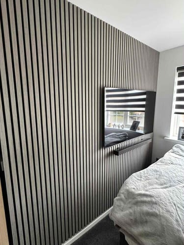 Customer photo review of Grey Walnut Acoustic Wood Panel | Luxury 3-Sided Wood Veneer