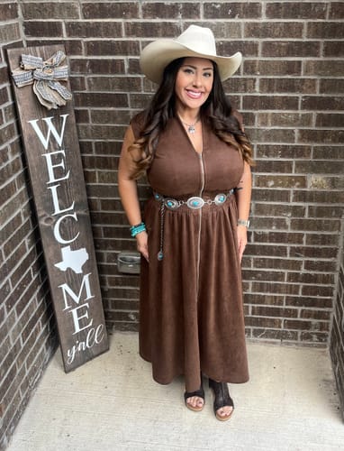 Customer photo review of Brown Smocked Waist Twill Suede Shirt Dress