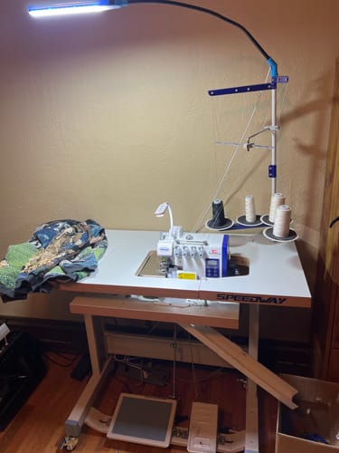 Customer photo review of SPEEDWAY SW 747 e 4 Thread Overlock Industrial Sewing Machine Assembled with Direct Servo Motor, Fully Submerged Table Setup With Wheels