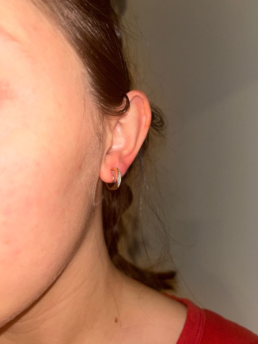 Customer photo review of Mini Pavé Huggie Clip On Earrings in Gold