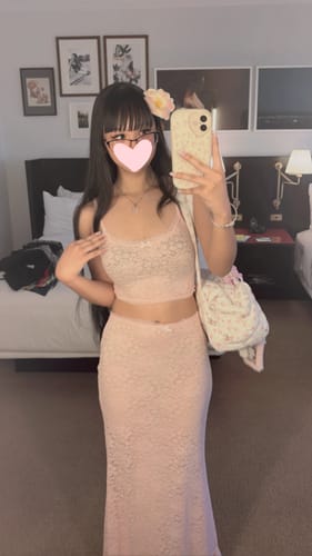 Customer photo review of Coral Veil Lace Crop Top  (Pink)