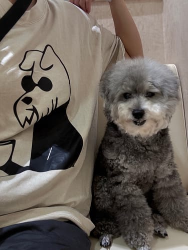 Customer photo review of Dog Drinking a Cup of Coffee Unisex Tee