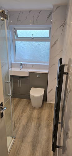 Customer photo review of Premium Carrara White Marble Gloss Shower Wall Panel – 1M x 2.4M