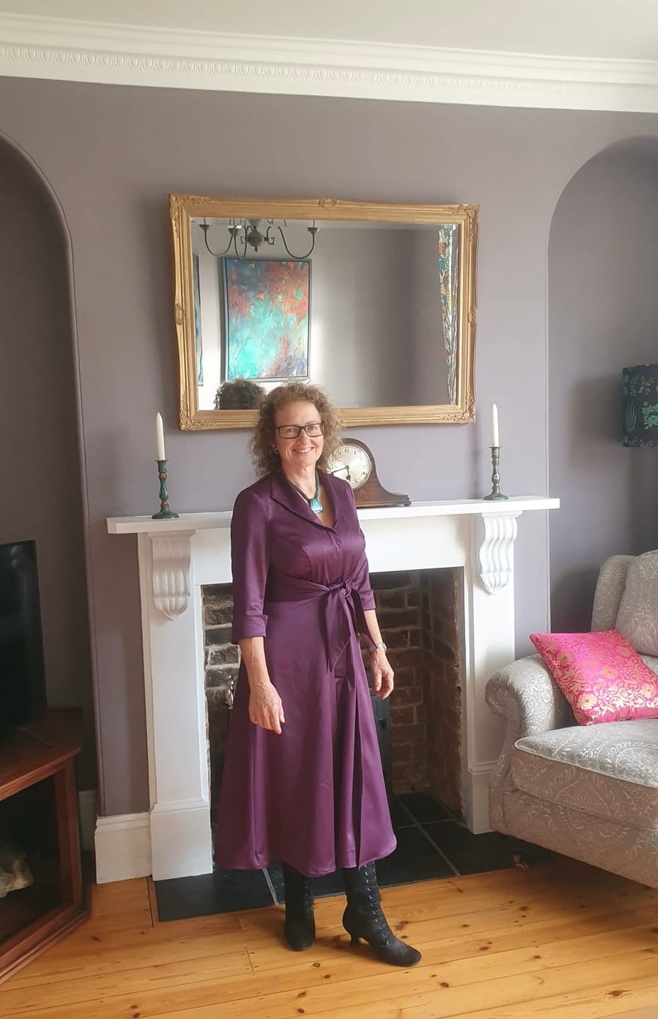 Customer photo review of 'Grace' Plum Stretch Satin Dress