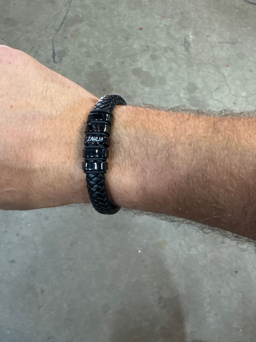 Customer photo review of Personalised Leather Bracelet with Coloured Steel