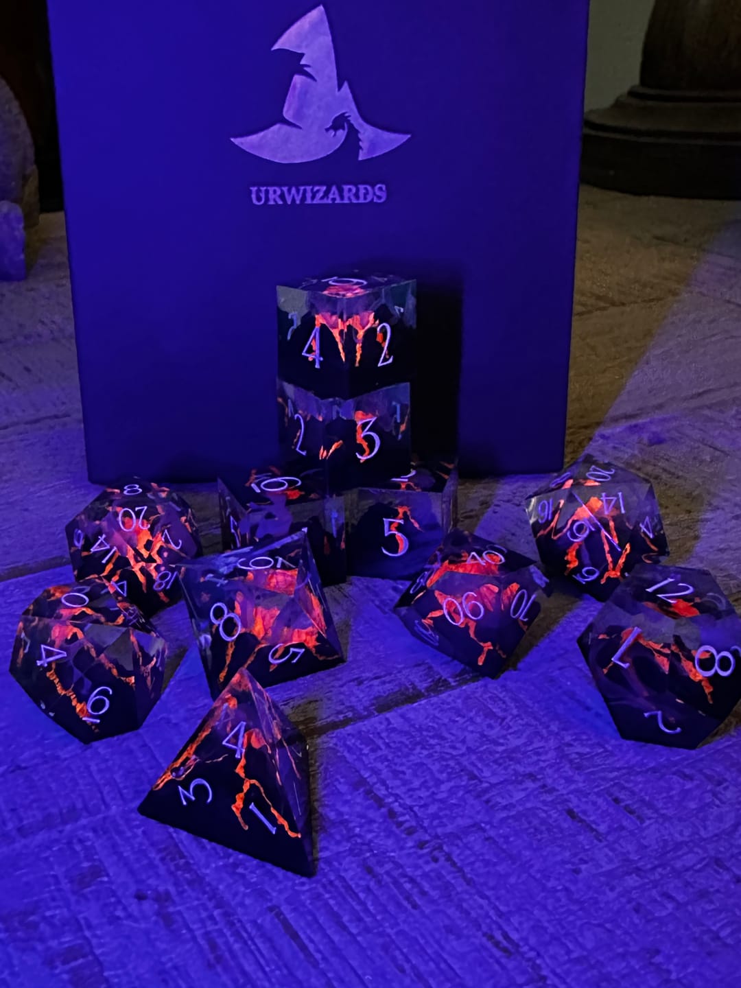 Customer photo review of URWizards D&D Resin Engraved Dice Set Mysterious Realm - Glowing Death Volcano