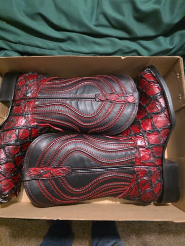 Customer photo review of Black Cherry Jumbo Pirarucu Leather Boots - Square Toe