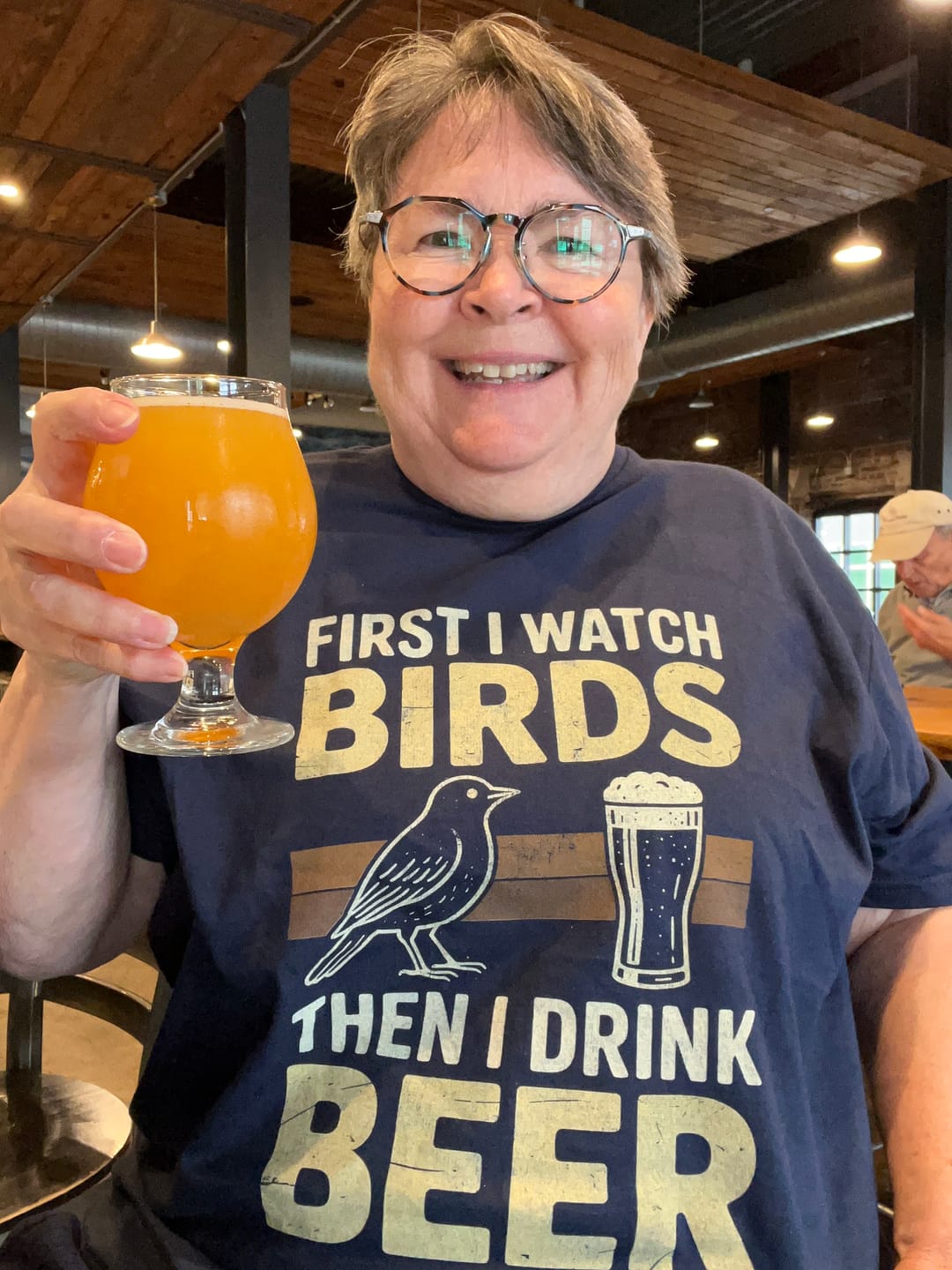 Judy T. wearing the Birds Then Beer T-Shirt