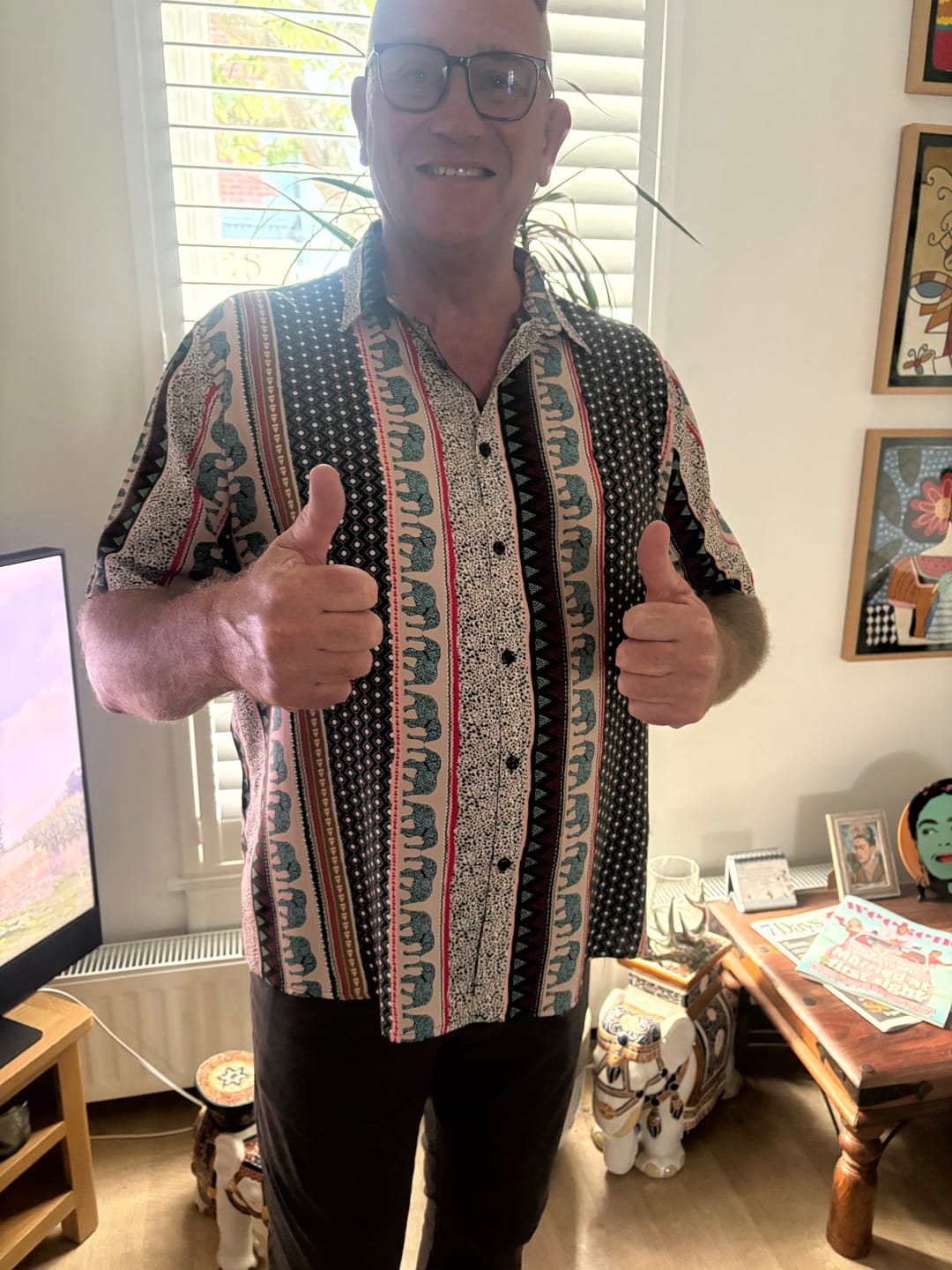 Customer photo review of Men's Striped Elephant Print Retro Button Up Green Top Short Sleeve Shirt