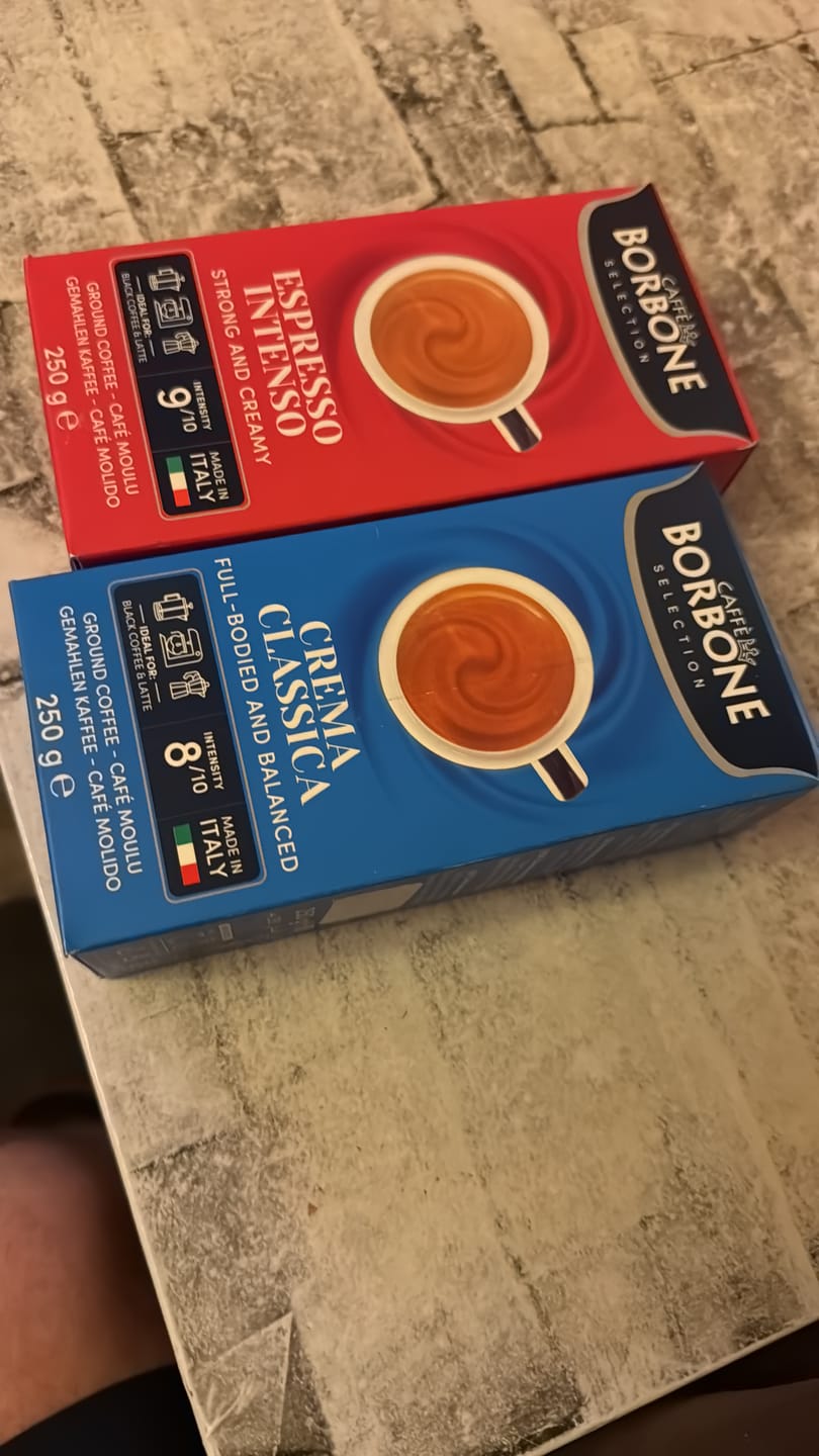 Customer photo review of Pack Borbone Crema Clasica + Espresso Intenso 250grs Grano Molido