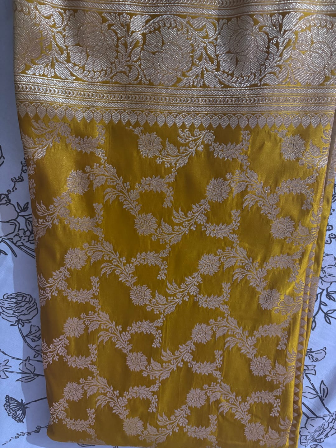 Customer photo review of Mustard Moglai Jaal Katan Silk Banarasi Saree