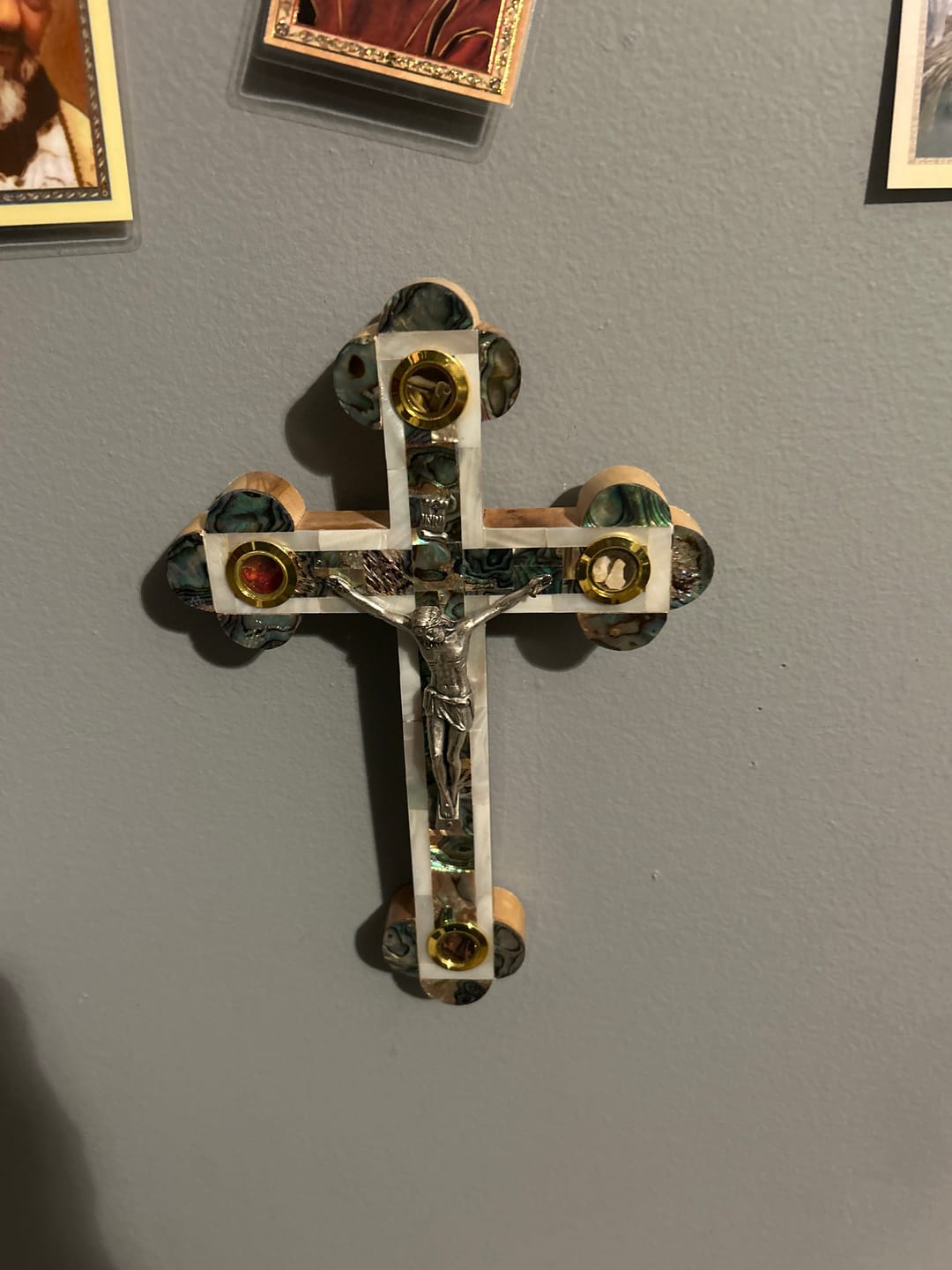 Customer photo review of Olive Wood Crucifix (Fully covered with Mother of Pearl) - Holy Land Crucifixes