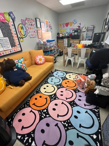 Customer photo review of Composition Notebook with Pastel Smileys Classroom Rug by Schoolgirl Style