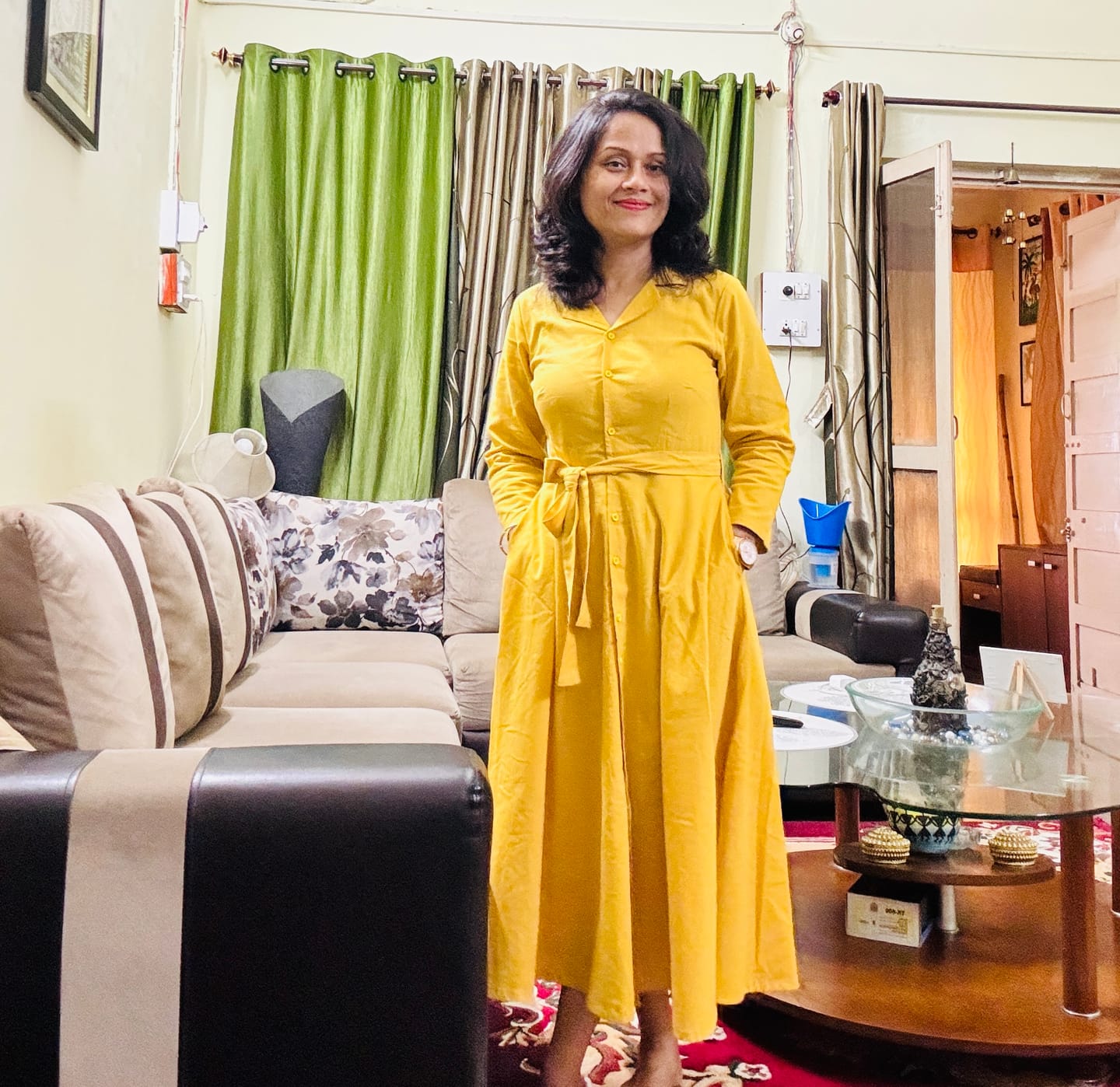 Customer photo review of Women Yellow Airy Linen Flared Dress