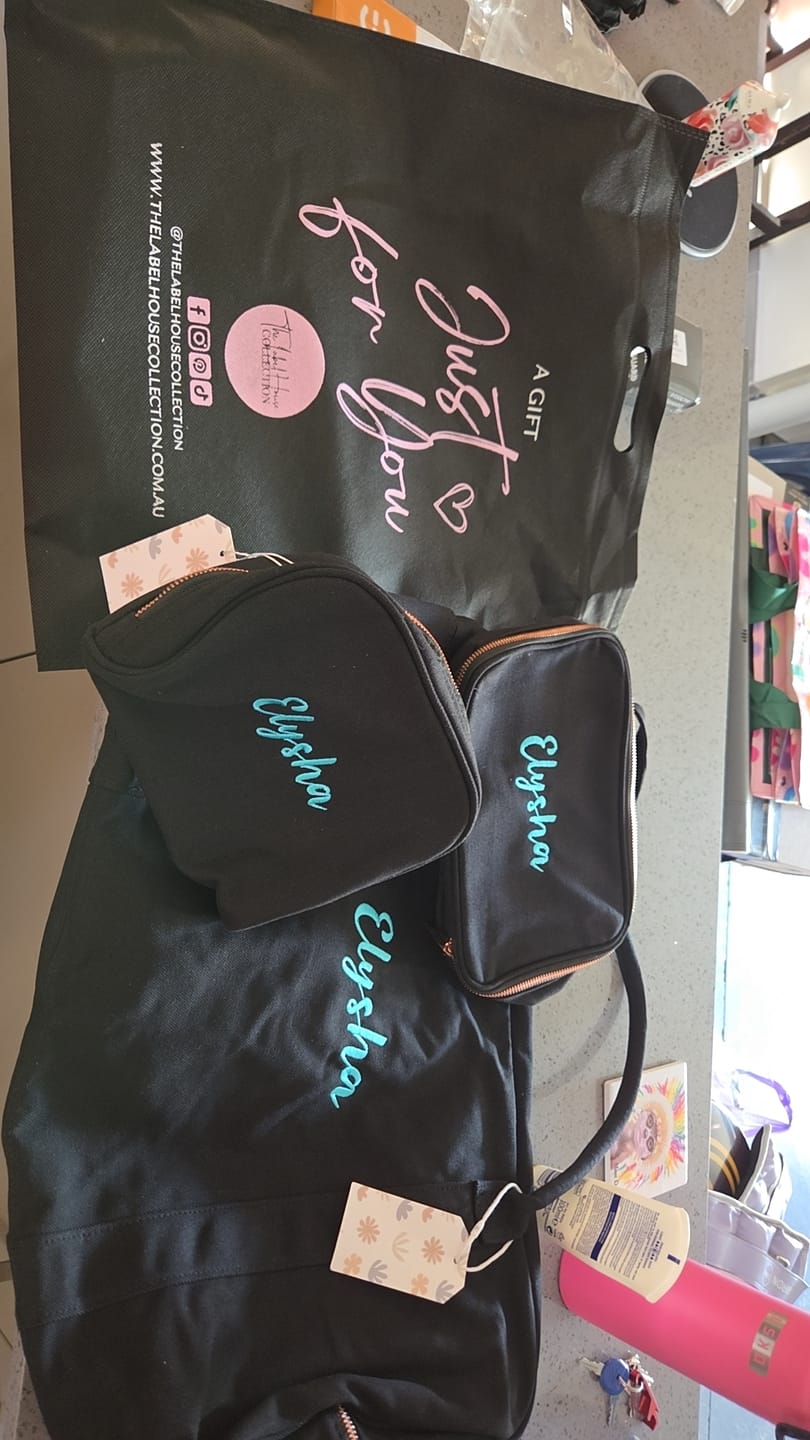 Customer photo review of Black Personalised Bag Set (Rose Gold Zipper)