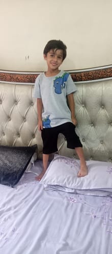 Customer photo review of Premium Quality Boys 'DINO' Printed Grey Summersuit with Black Shorts