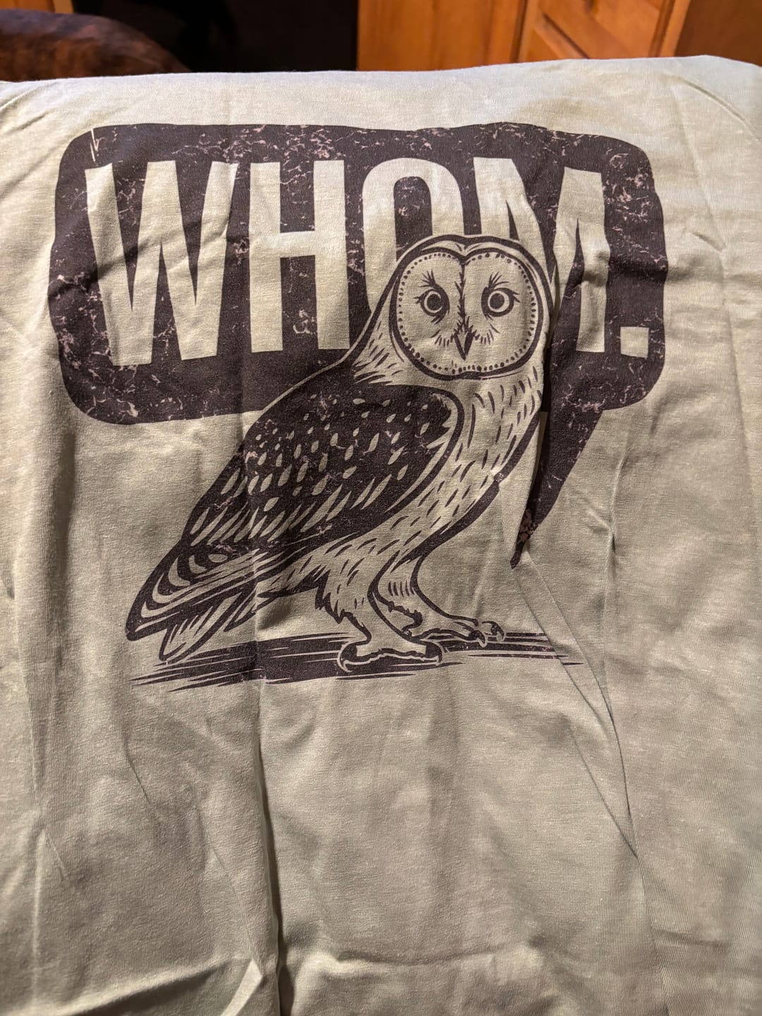 Customer photo review of Owl Whom – Grammar Nerd Tee