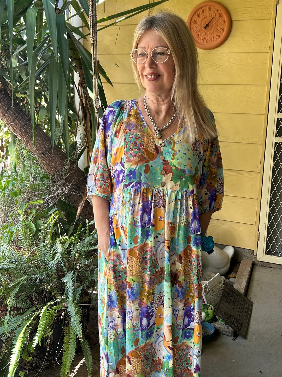 Customer photo review of Zandra Midi Dress in Green Multi