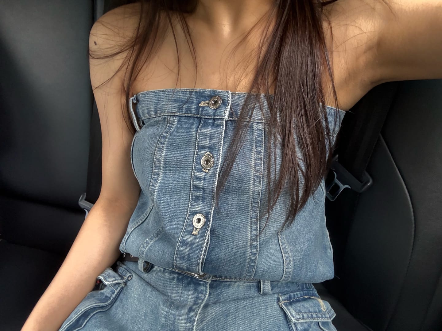 Customer photo review of WARDEN EDGE Strapless Denim Utility Romper