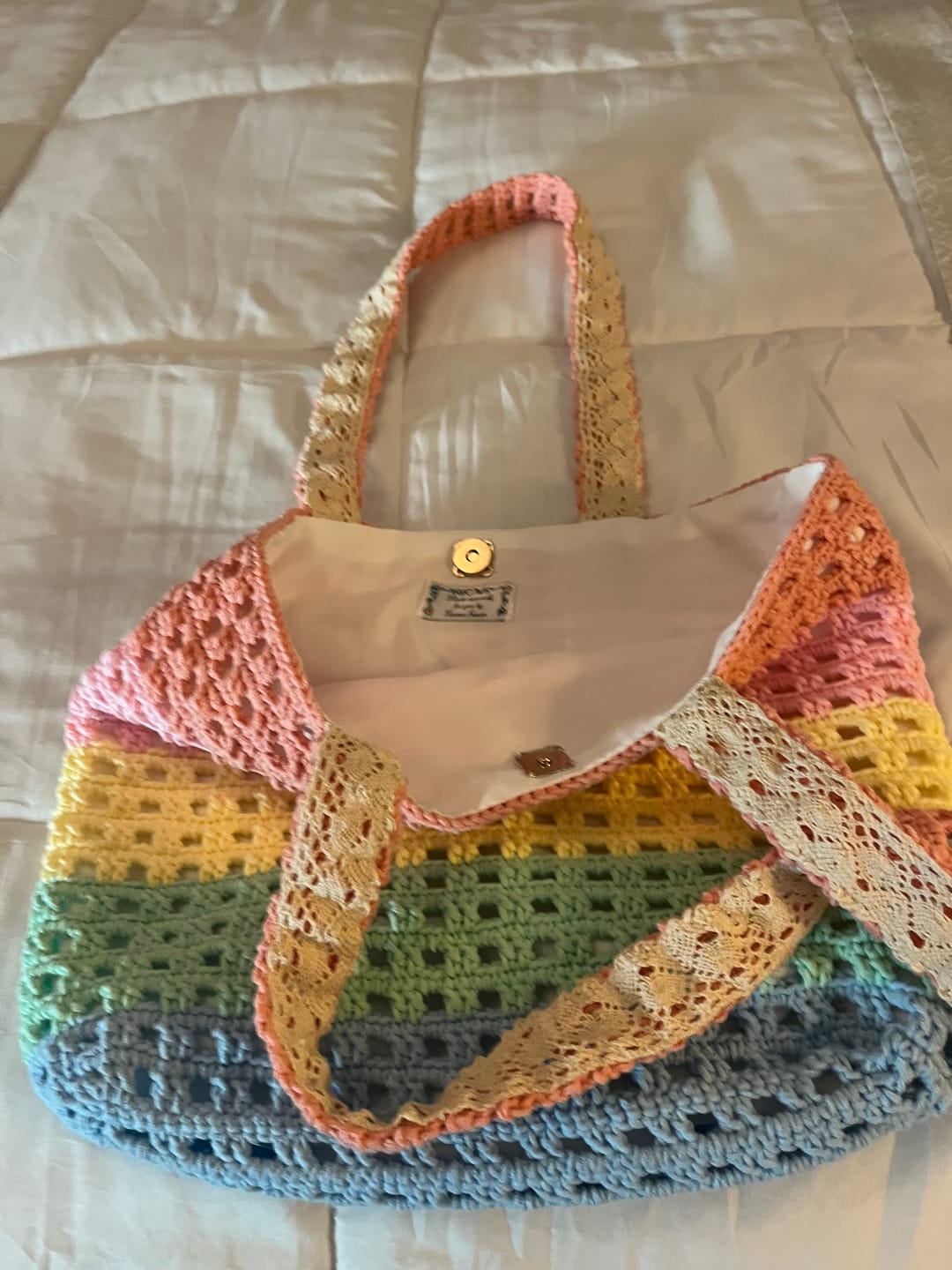 Customer photo review of CrochetPark™ Rainbow Waffle Tote crochet kit