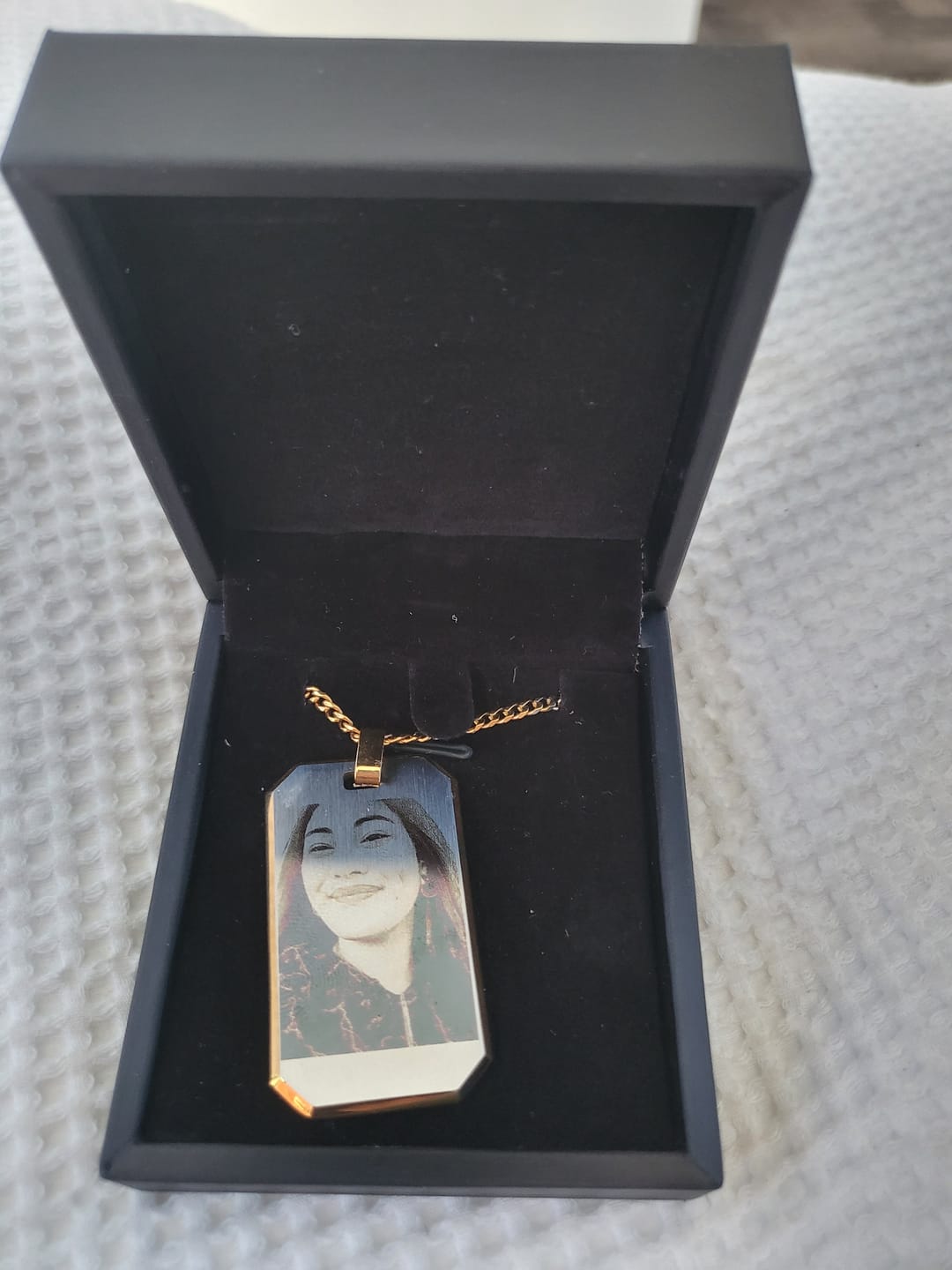 Customer photo review of NZ Made Two Tone 18K Gold Plated Personalised Custom Photo & Text Necklace