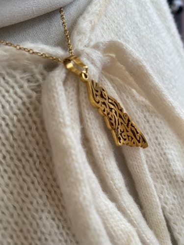 Customer photo review of Palestine Calligraphy Map Necklace