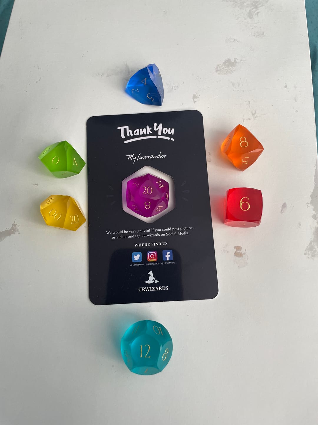 Customer photo review of URWizards D&D Resin Rainbow Candy Engraved Dice Set Multi-faceted Style