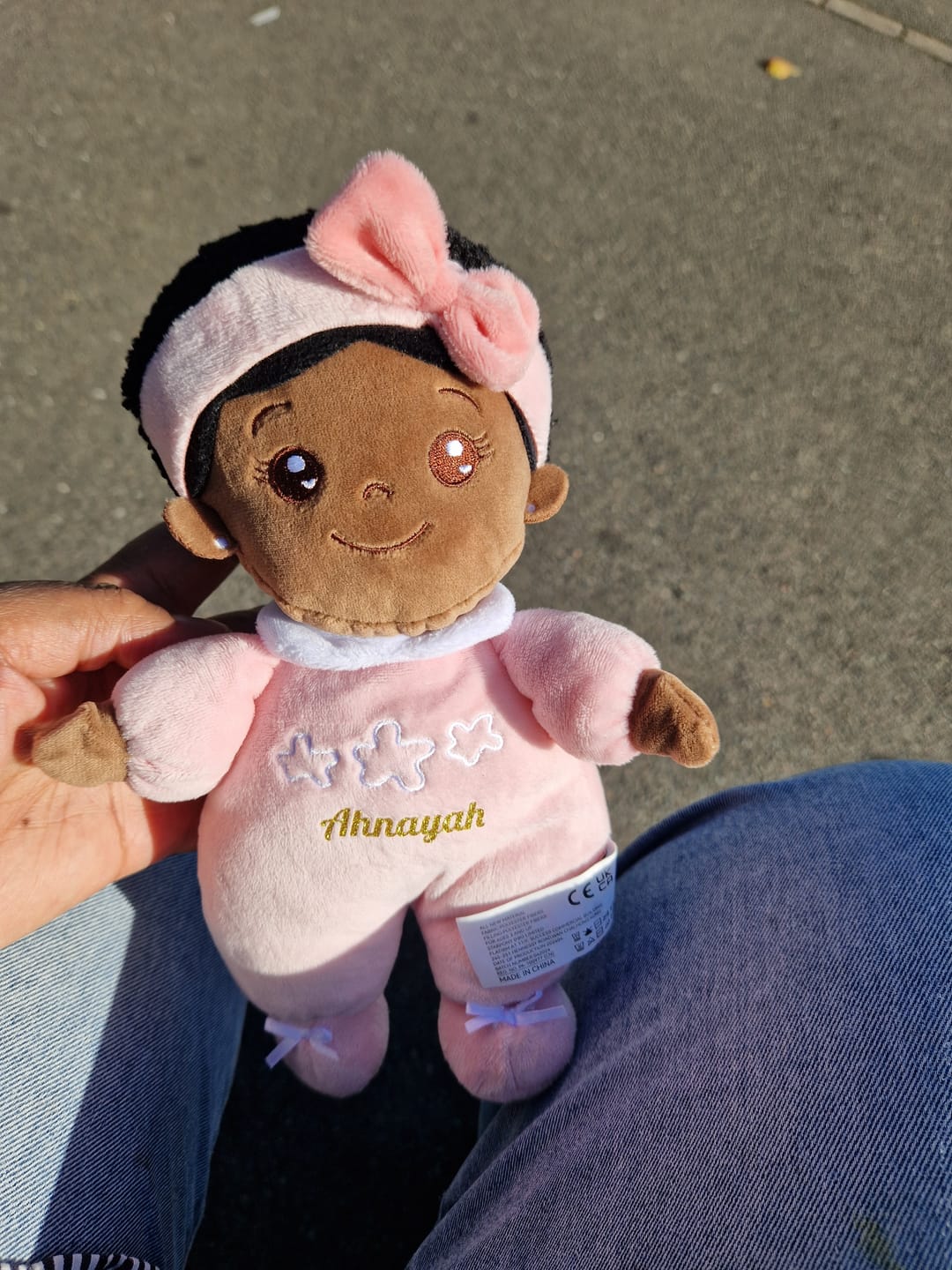 Customer photo review of Personalized Pink Deep Skin Tone Mini Plush Baby Girl Doll & Gift Set