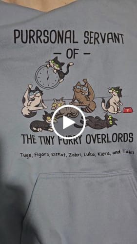 Customer video review of Purrsonal Servant Of Tiny Furry Overlords Funny Cartoon Cats Personalized Shirt