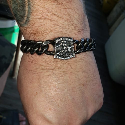 Customer photo review of St. Michael's 'Protect Us' Cuban Link Bracelet: Helps Pair Veterans With A Service Dog Or Shelter Dog