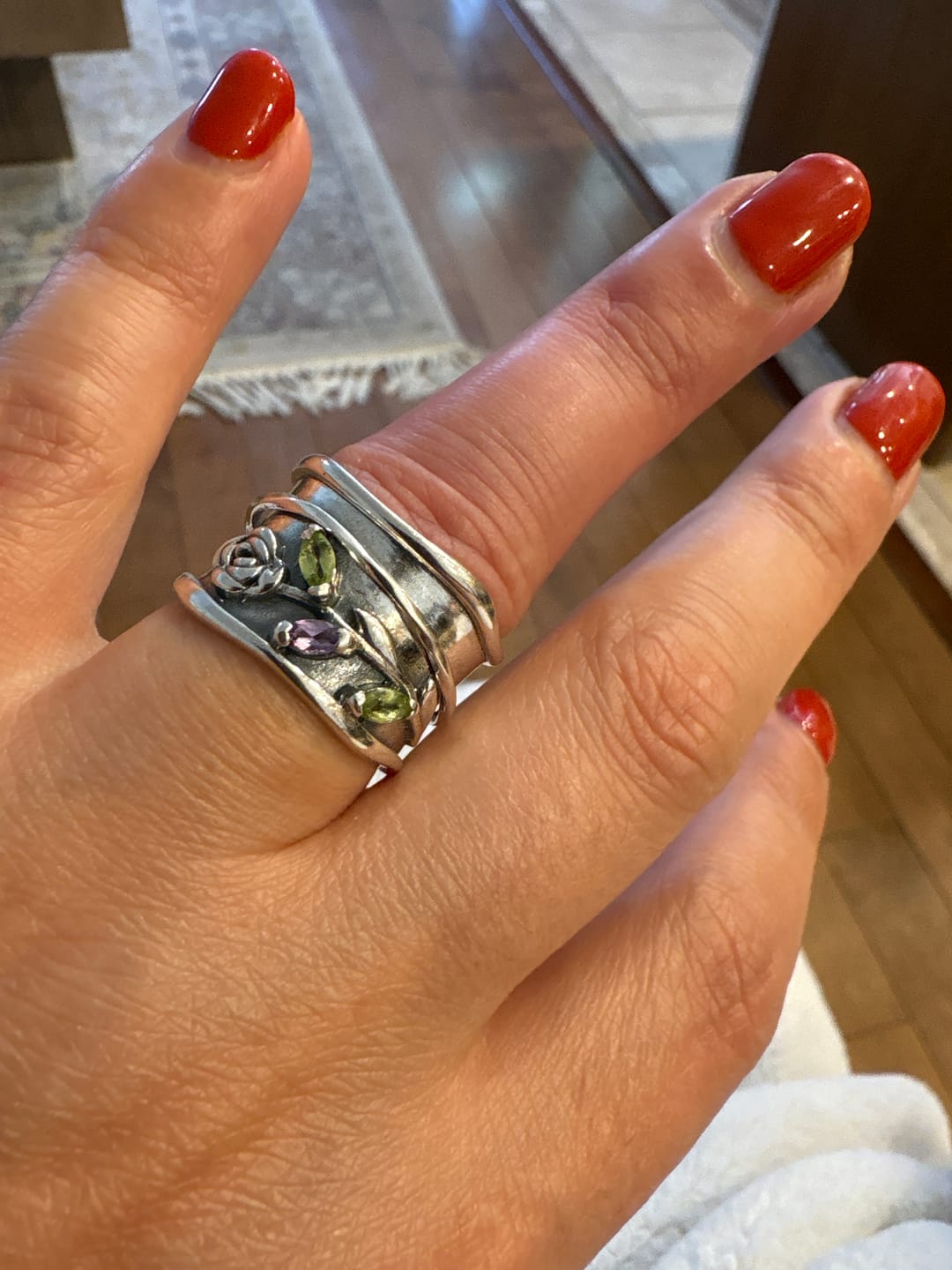 Customer photo review of Rose Flower Fidget Ring with Green and Purple Amethyst