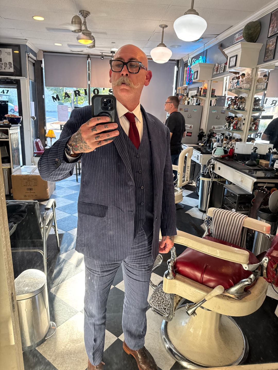 Customer photo review of Navy Pinstripe Linen 3 Piece Suit
