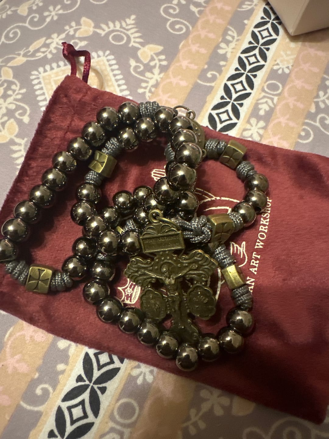 Customer photo review of FREE Today: Miraculous Medal & Crucifix of 8 mm Round Silver Black Gallstone Nylon Cord Rosary