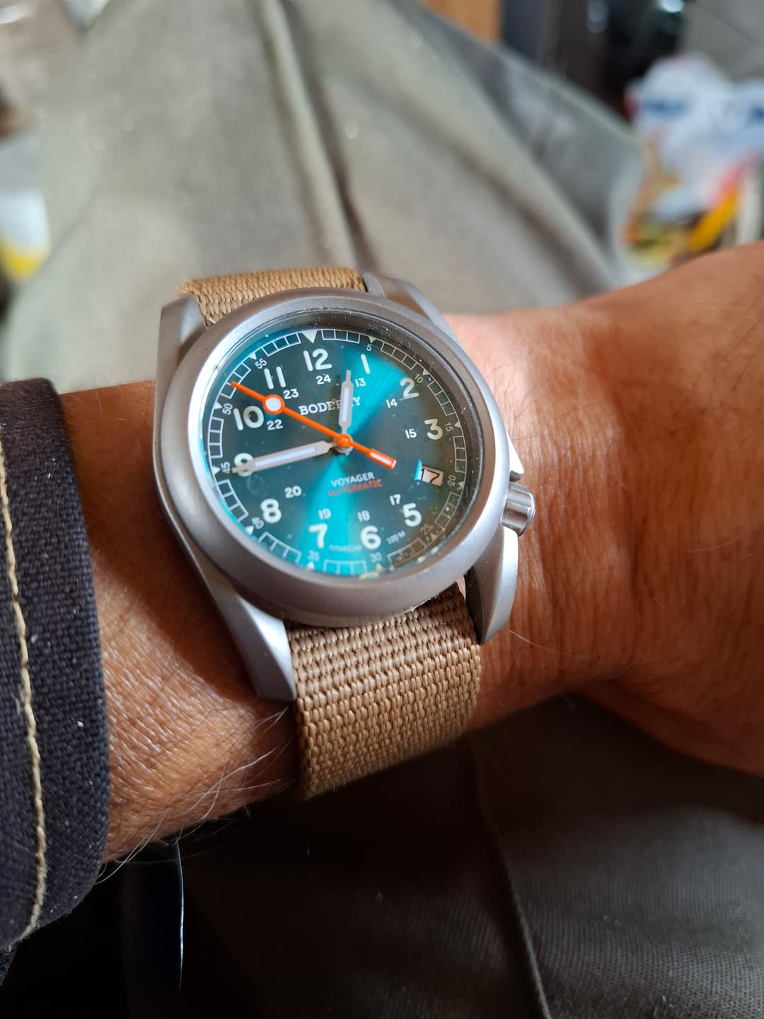 Customer photo review of VOYAGER - 100M Waterproof Titanium Automatic Field Watch | Peacock Green